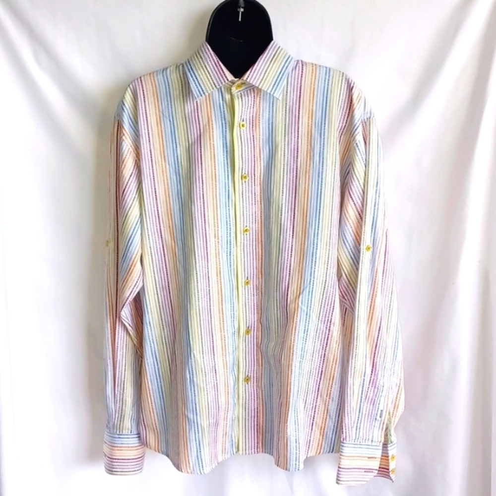 Luchiano Visconti Mens Rainbow  Roll-upl Longsleeve Buttondown Casual Shirt, L